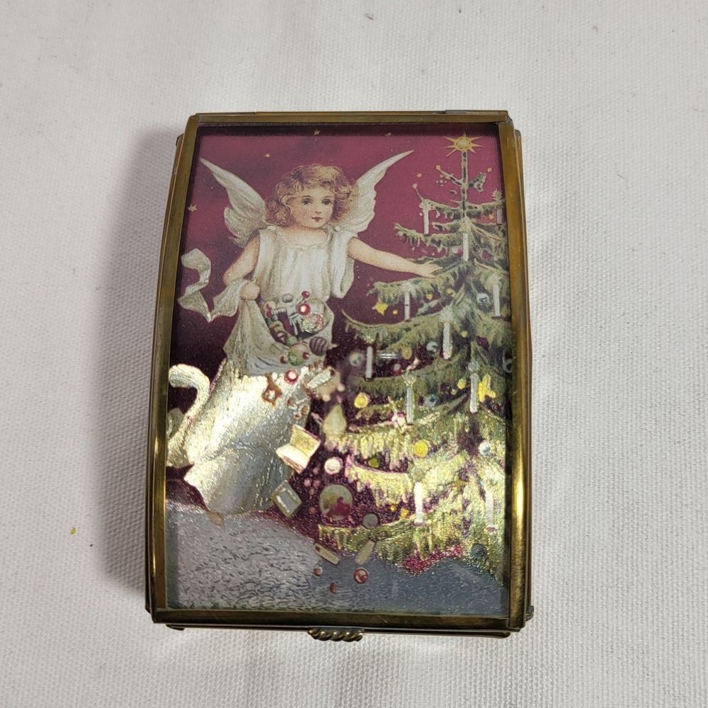 Via Vermont Christmas Angel Trinket Box Brass Purple Glass Mirrored Jewelry Box